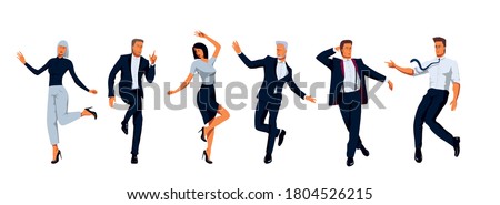 Young people in business suits are having fun and standing in variable dancing poses. Elegantly Dressed in Formal Suit business men and business women.