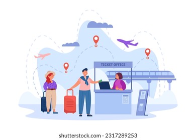 Young people buying tickets vector illustration. Happy friends or couple with suitcases traveling by train and plane at half-price in summer. Summer trip, travel, tourism concept