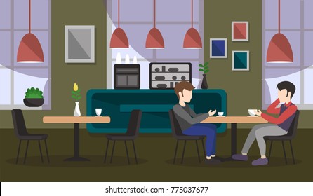 Young people in a cafe are drinking coffee. Vector illustration.