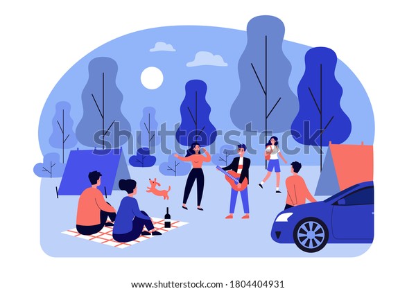 Young people camping\
in forest. Guitar, nature, camp flat vector illustration. Summer\
vacation and adventure concept for banner, website design or\
landing web page