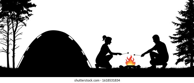 Young people camping in nature near the tent. Man and woman are frying marshmallows at the stake. Trekking in the forest. Silhouette vector illustration