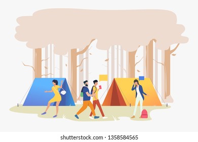 Young people at campsite in wood vector illustration. Picnic, outdoor weekend, festival. Tourism concept. Design for website templates, posters, banners