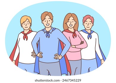 Jóvenes en capas de pie juntos muestran cualidades de liderazgo. Empresarios sonrientes o colegas como superhéroes demuestran un servicio de buena calidad. Ilustración vectorial.