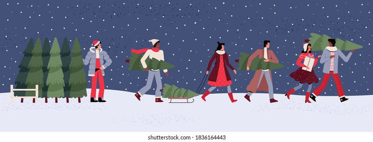 Young people carry shopping for Christmas and New Year in their hands. Women and men in winter clothes with Christmas trees and gifts in their hands go home.