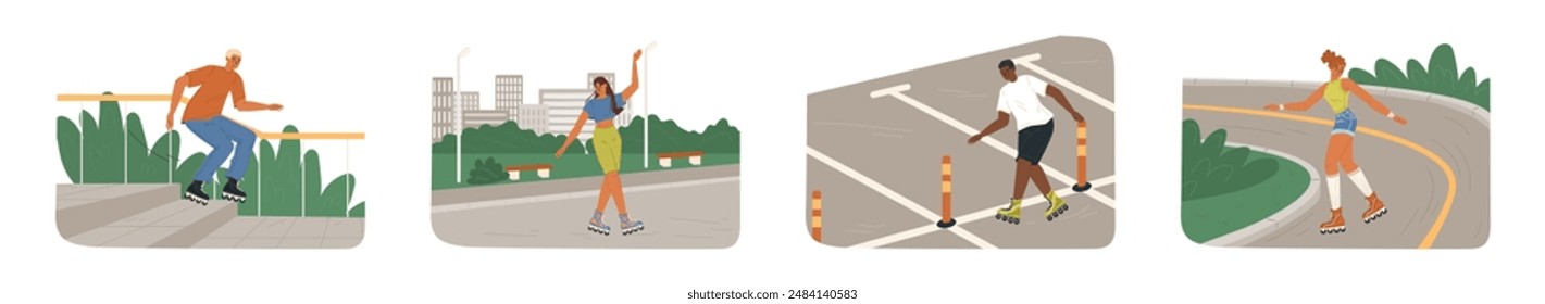 Young people cartoon character enjoying roller skating set