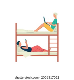 Young People Cartoon Characters In A Comfortable Bunk Bed In A Hostel, Flat Vector Illustration Isolated On White Background. Hostel Or Campus Dorm Accommodation Scene.