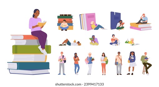 Young people cartoon characters reading books, studying, preparing for education examination set