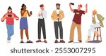 Young people cartoon characters using smartphone and wireless technology enjoying different hobby occupation isolated set. Man and woman digital gadgets users holding mobile phones vector illustration