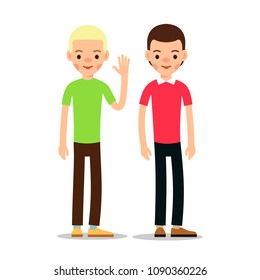 Young people cartoon illustration isolated on white background in flat style. Guy standing and welcomes with a raised hand. Funny cartoon character. 
