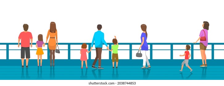 Young people in casual clothes back view. Characters stand near fence looking into distance. Parents and children spend time outdoors together. Family weekend getaway, walk, watching something
