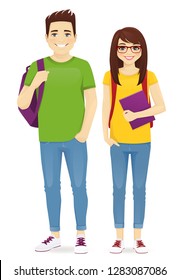 Young people in casual clothes with backbackpacks. Smiling man and girl isolated vector illustration