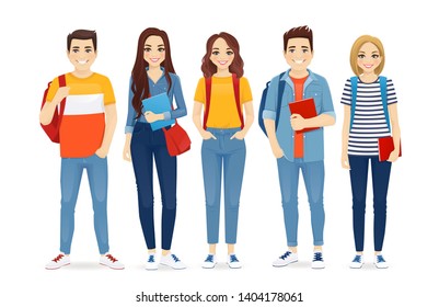Young people in casual clothes with backbackpacks and books. Beautiful smiling students standing isolated vector illustration