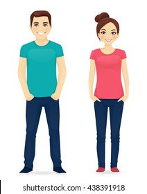 Young people in casual clothes. Cute man and girl isolated