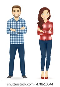 Young people in casual clothes. Cute man and girl isolated