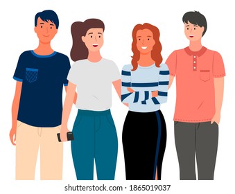 Young people in casual clothes isolated on white background. Friends guy and girl, couple in love. Smiling man and woman standing straight. Married couple husband and wife. Colleagues portrait