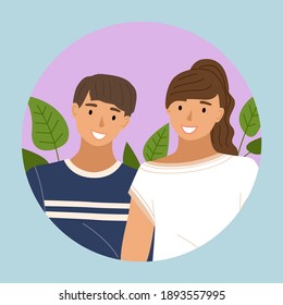 Young people in casual clothes on a background of green leaves. Friends guy and girl, couple in love. Smiling man and woman standing straight. Married couple husband and wife. Colleagues portrait