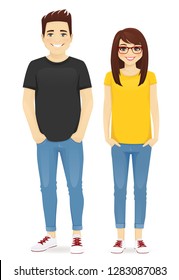 Young people in casual clothes. Smiling man and girl isolated vector illustration