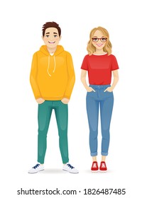 Young people in casual clothes. Smiling couple man and woman isolated vector illustartion