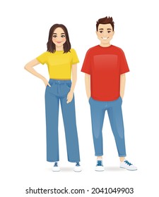 Young people in casual clothes. Smiling couple man and woman isolated vector illustartion