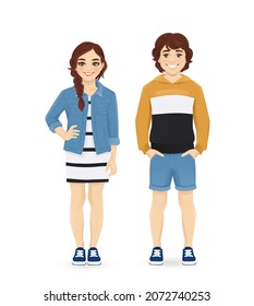 Young people in casual clothes. Smiling teenage boy and girl standing isolated vector illustration