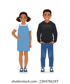 Young people in casual clothes. Smiling African teenage boy and girl standing isolated vector illustration