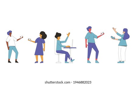 Young people in casual clothes standing with phones and pointing with hand. Line art flat vector characters set isolated on white background. 