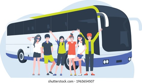 Young people in casual clothes standing near tourists autobus. Kids, youth in sightseeing bus. Children travel by bus to summer camp. Vector isolated illustration.  