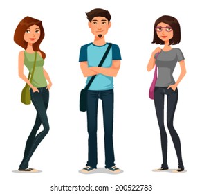 Young people in casual fashion clothes, high school or university students. Teenage girl and boy in jeans and t-shirt, carrying bag. Cartoon character. Isolated on white.