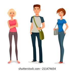 Young people in casual fashion clothes, high school or university students. Teenage girl and boy in jeans and t-shirt, carrying bag. Cartoon character. Isolated on white.