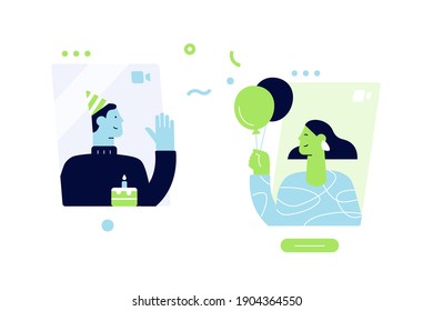 Young people celebrate and congratulate each other through the screens of devices. Birthday online. Social distance and online communication. Vector cartoon illustration, flat design, isolated 