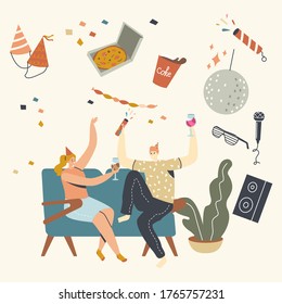 Young People Celebrate Home Party Sitting at Couch in Living Room Eating Pizza, Drinking Cola or Alcohol. Friends Company Leisure Weekend Spare Time, Celebration. Linear Characters Vector Illustration