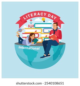 Los jóvenes celebran el Día de la Alfabetización leyendo libros. Leer libros aumenta la imaginación. Concepto del Feliz Día de la Alfabetización. Ilustración vectorial plana.