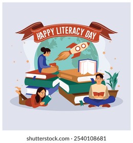 Young people celebrate Literacy Day by reading books. Stack of books with rocket icons. Happy Literacy Day concept. Flat vector illustration.