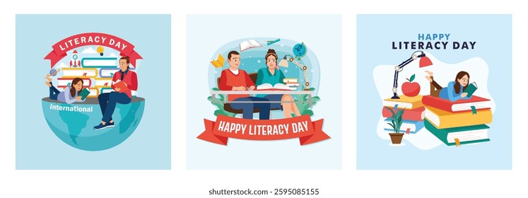 Young people celebrate Literacy Day by reading books. Reading books increases imagination.Reading books increases insight and knowledge. Happy Literacy Day concept. Set flat vector illustration.