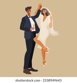 Young people celebrate their wedding. Holiday, design for greeting and invitation card, couple in love. Flat vector illustration.