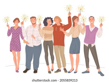Young people celebrating Christmas and New Year with sparklers in hands. Flat vector illustration of people holding festive fireworks with sparks isolated on white background.