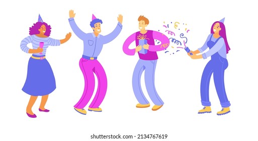 Young people celebrating and communicating on party or festive event. Set of happy men and women at birthday party with confetti, wine glasses and gifts. Vector hand drawn character isolated on white.