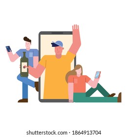 young people celebrating with gifts and wine in smartphone vector illustration design