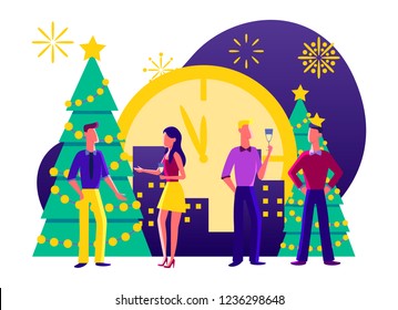 Young People Celebrating New Year 2019 Party. Flat Characters in Toasting Champagne and Chating. Clock, tree, night before new year. Christmas Eve with Cartoons and Fireworks. Vector illustration