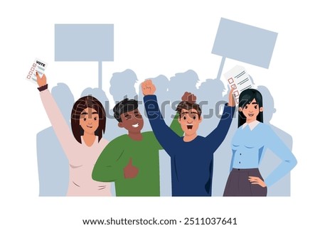 Young people celebrating with vote documents and thumbs up, cheering crowd silhouette on the background 