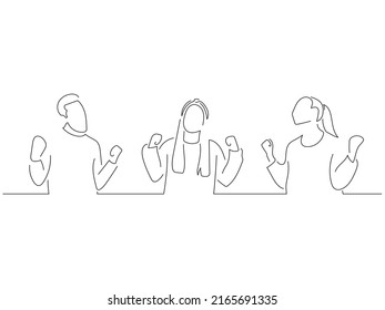 Jóvenes celebrando una victoria en el estilo de dibujo de arte en línea. Composición de tres personas levantando sus brazos. Esbozo lineal negro aislado sobre fondo blanco. Diseño de ilustración vectorial.