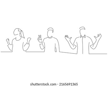 Young people celebrating a win in line art drawing style. Composition of three persons raising their arms. Black linear sketch isolated on white background. Vector illustration design.