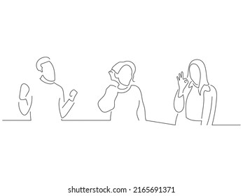 Young people celebrating a win in line art drawing style. Composition of three persons raising their arms. Black linear sketch isolated on white background. Vector illustration design.