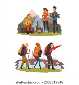 Young People Character with Backpack Hiking in the Mountains and Sitting at Camp Fire Vector Set