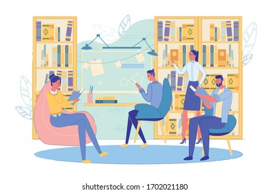 Young People Character Enjoy Reading Book at Public Library. Man and Woman Sitting in Armchair, at Table. Girl Choosing Textbook on Bookshelf. Cozy Interior with Bookcase and Rack. Vector Illustration