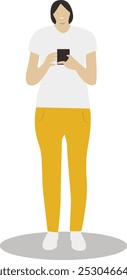Young People Character Holding Smartphone. Flat Vector Illustration Isolated on White Background