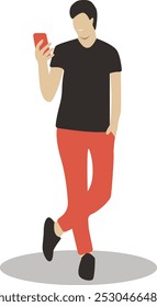 Young People Character Holding Smartphone. Flat Vector Illustration Isolated on White Background