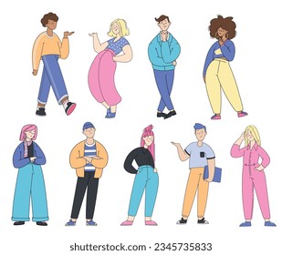 Young People Character Standing and Thinking Showing Gesture Vector Set