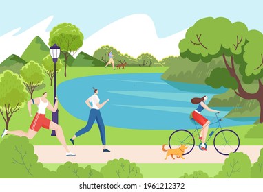 Young people character together enjoying outdoor activity athletic training, workout green park place flat vector illustration.