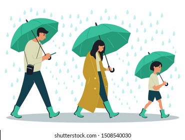 Young people character walking with umbrellas under a rain. Vector illustration on white background in cartoon style